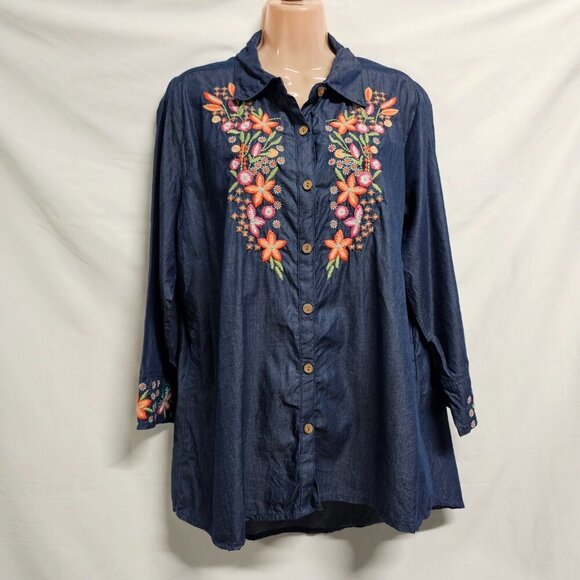 Parsley & Sage Women Embroidered Top Blouse Shirt Size `1X Blue Button Up Collar - Picture 3 of 14